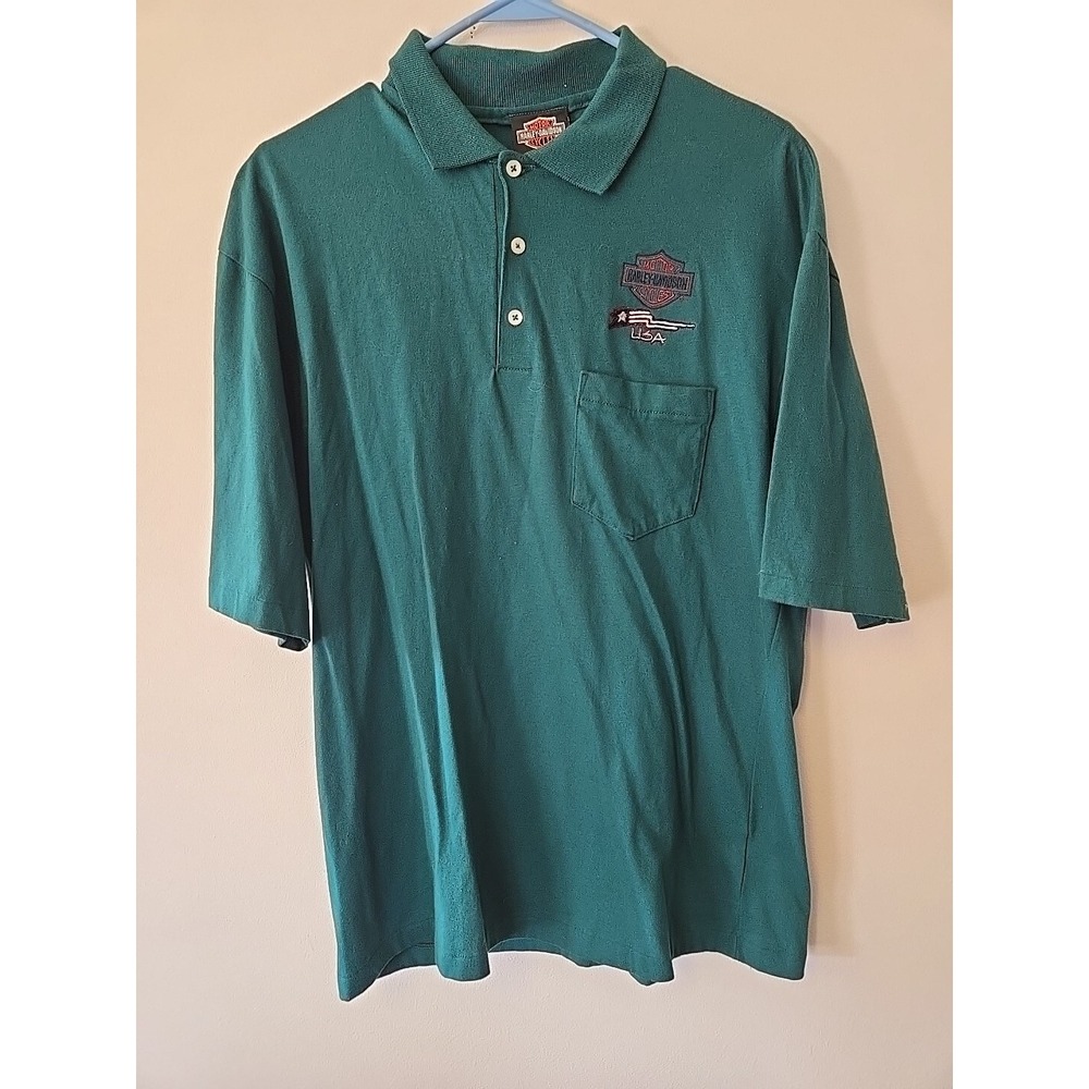 Vintage Harley Davidson USA Embroidered Green Pocket Polo Shirt Med. USA‎